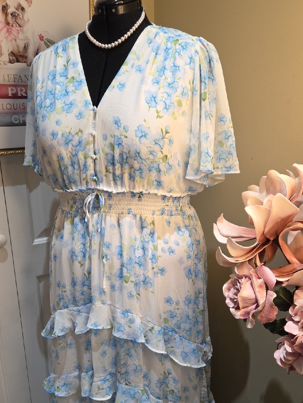 Nwot 2X Tamara H White Maxi Dress with BLUE and Green Floral Print Box 1 - Picture 3 of 17